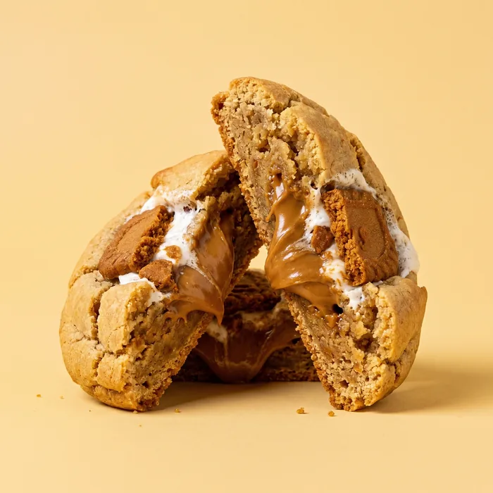 Cookie de Lotus partida, con crema de Lotus y chocolate blanco