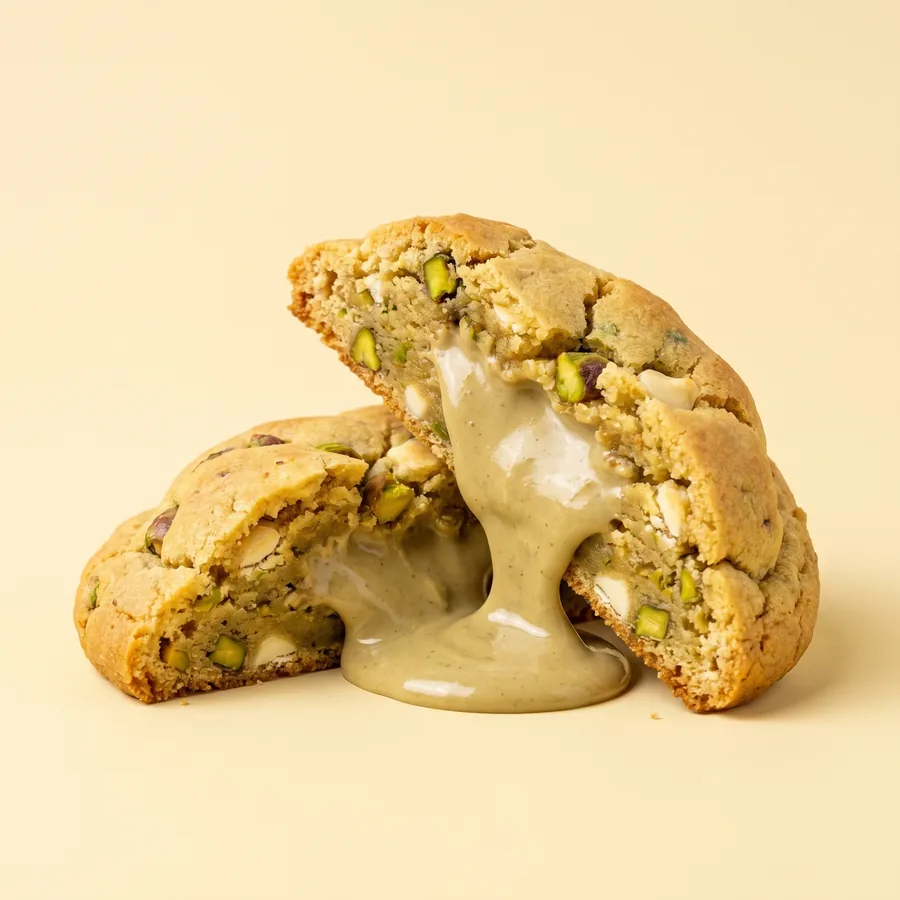 Cookie de pistacho partida, relleno cremoso de pistacho cayendo